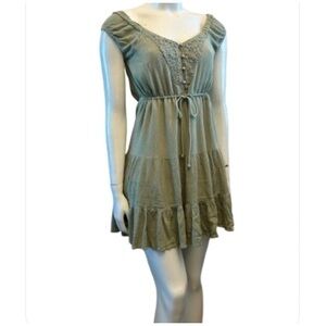 Lucky Brand Pretty Olive Green Flirty Sundress With Lace Embroidery & Ruffle Hem